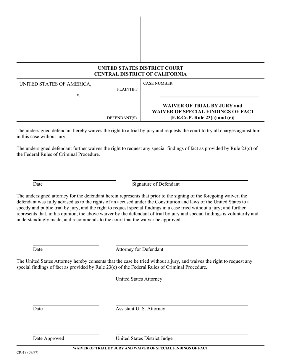 Form CR-19 Waiver of Trial by Jury and Waiver of Special Findings of Fact - California, Page 1
