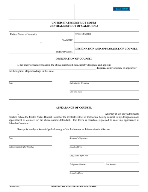 Form CR-14 Designation and Appearance of Counsel - California