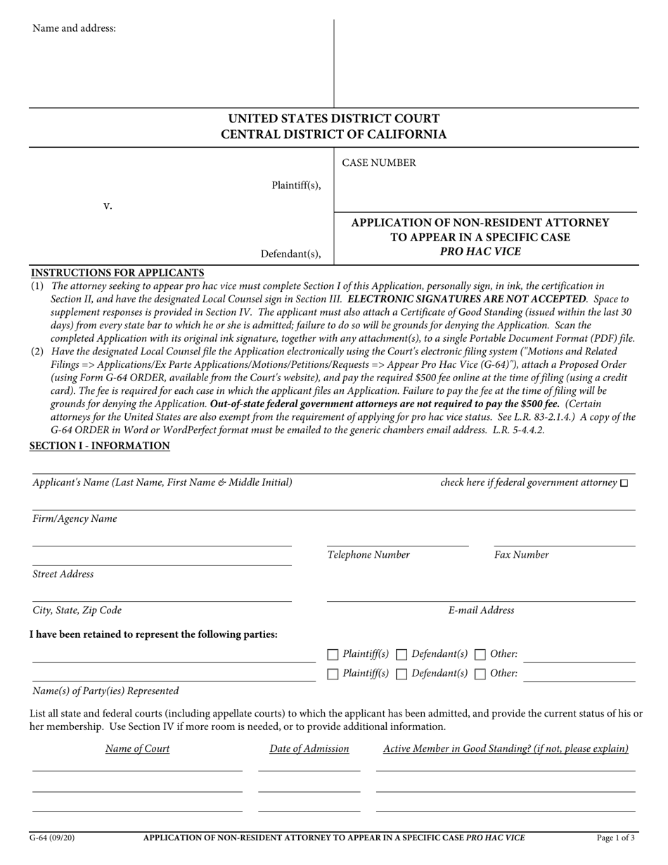 Form G-64 Application of Non-resident Attorney to Appear in a Specific Case Pro Hac Vice - California, Page 1