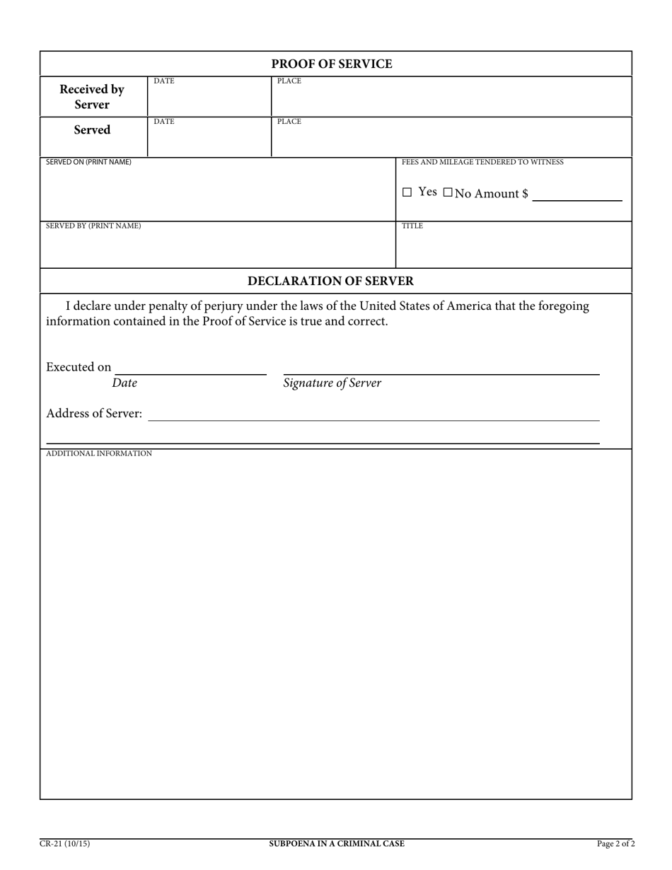 Form CR-21 Subpoena in a Criminal Case - California, Page 2