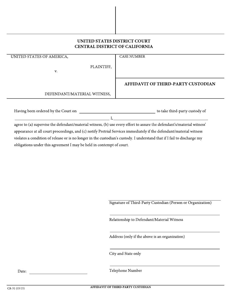 Form CR-31 Affidavit of Third-Party Custodian - California, Page 1