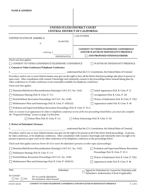 Document preview: Form CR-029 Consent to Video Conference/Telephonic Conference and/or Waiver of Defendant's Presence - California