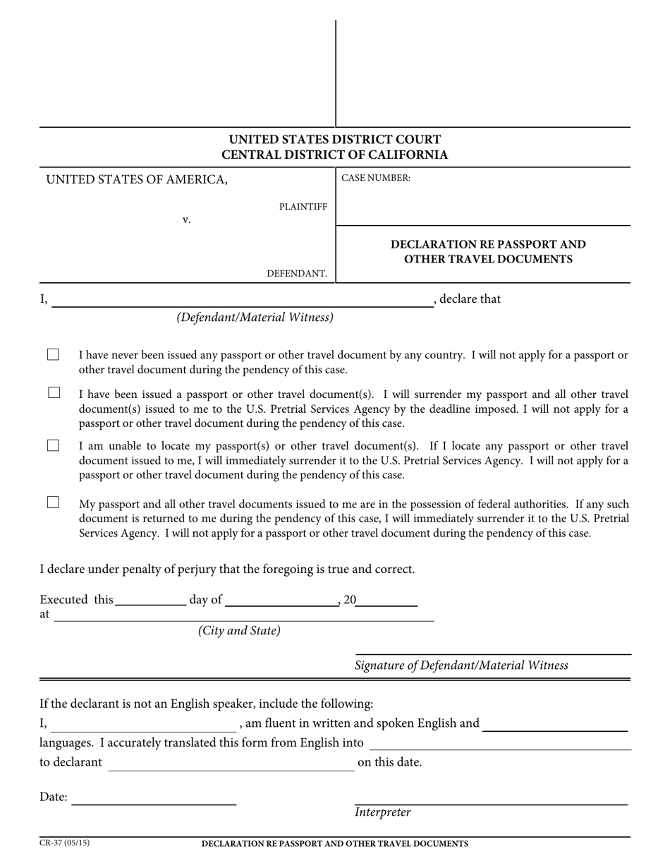 Form CR-37 Declaration Re Passport and Other Travel Documents - California, Page 1