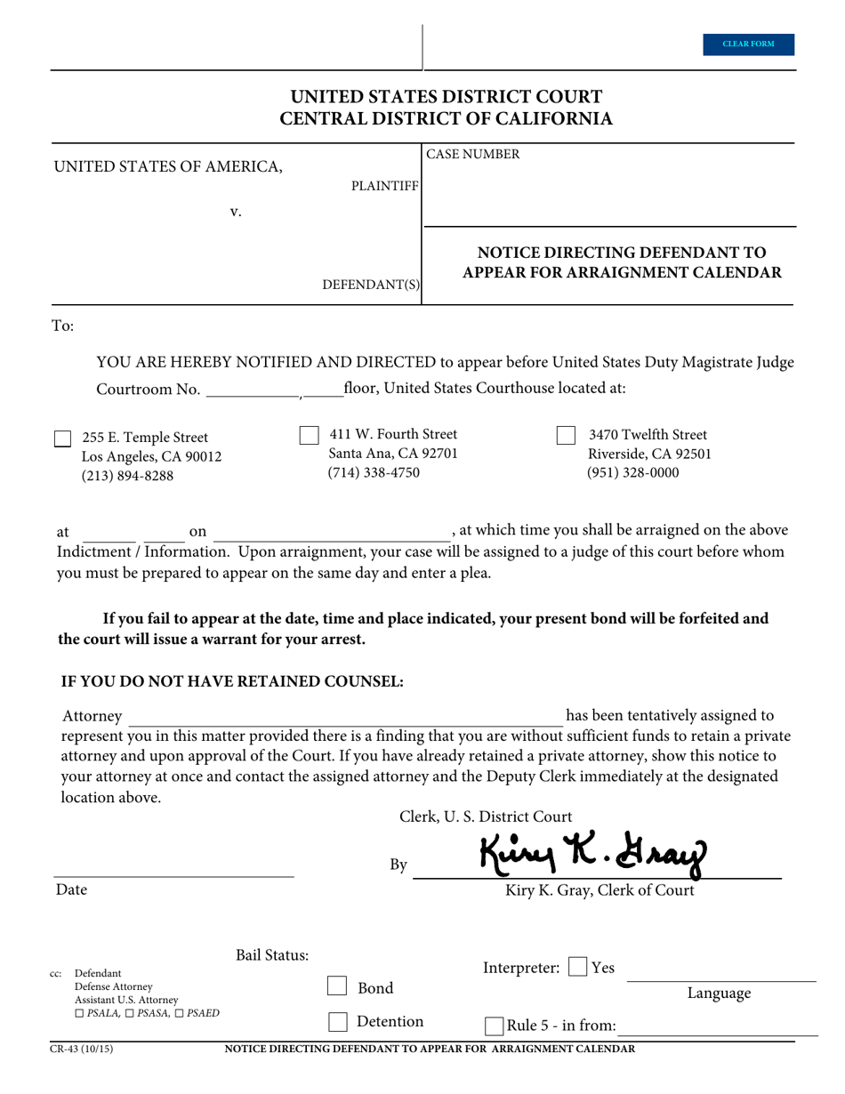Form CR-43 Notice Directing Defendant to Appear for Arraignment Calendar - California, Page 1