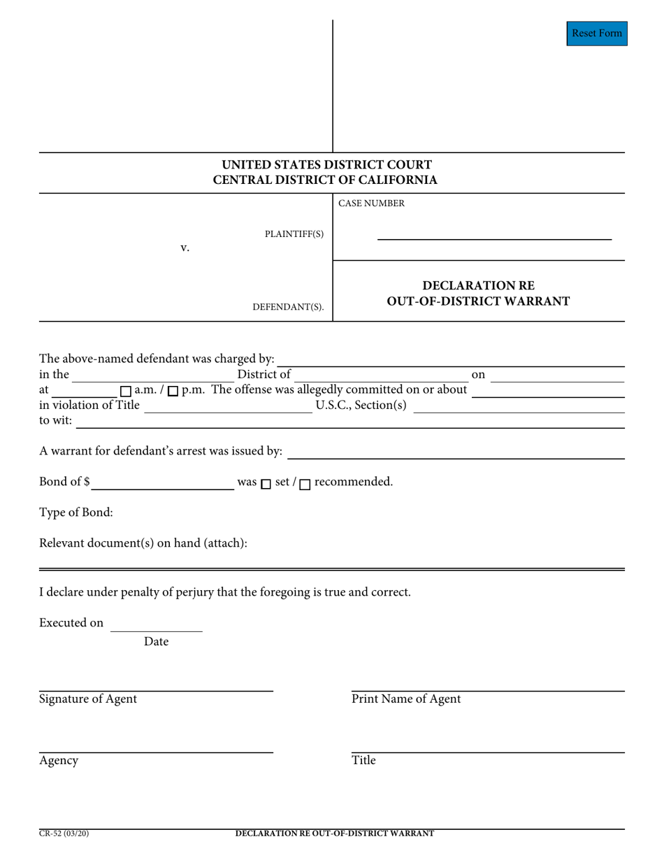 Form CR-52 Declaration Re out-Of-District Warrant - California, Page 1
