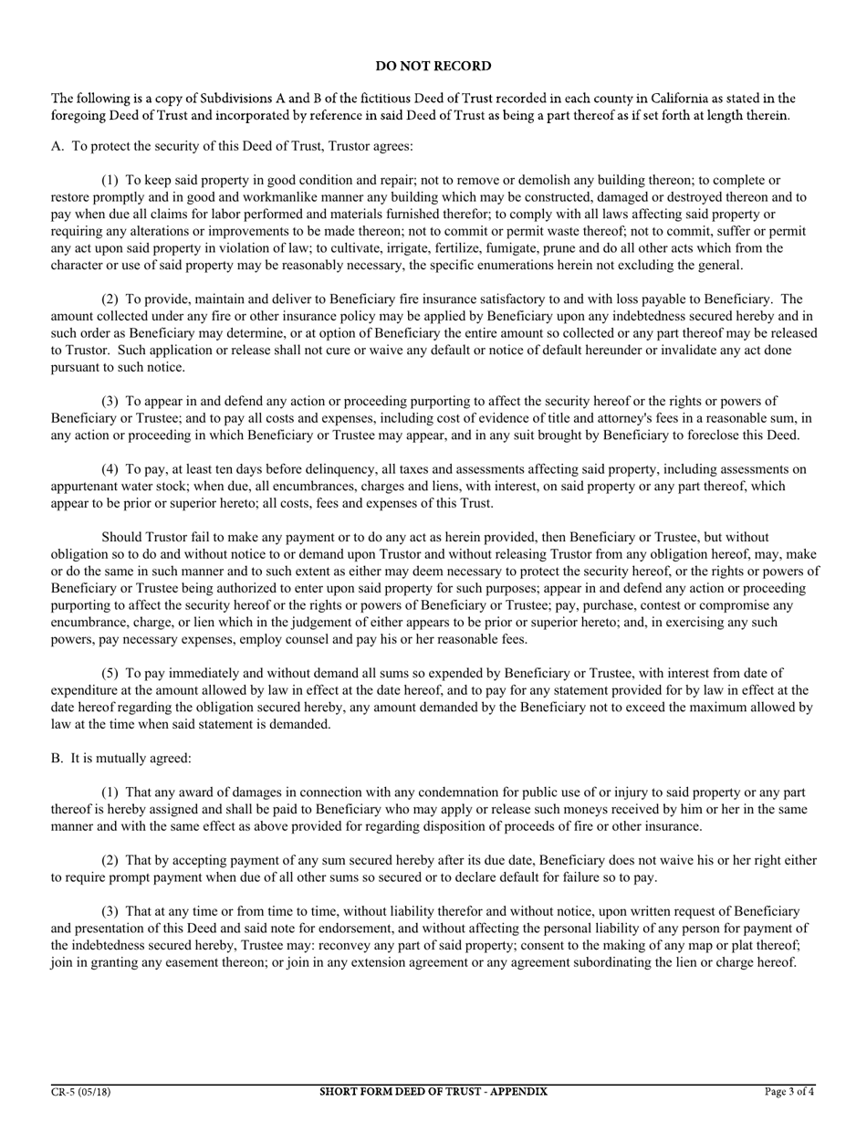 Form CR-5 Short Form Deed of Trust and Assignment of Rents - California, Page 3