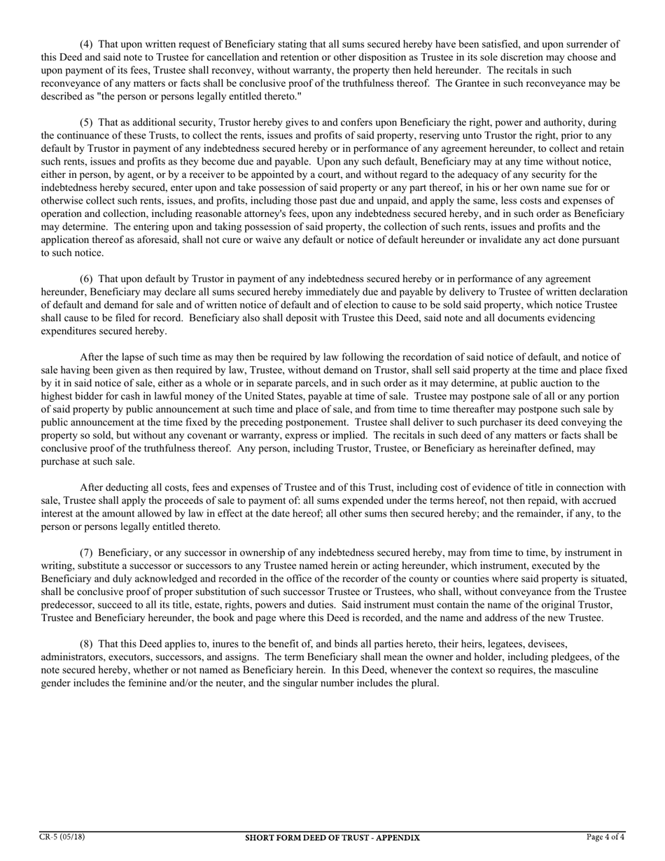 Form CR-5 Short Form Deed of Trust and Assignment of Rents - California, Page 4