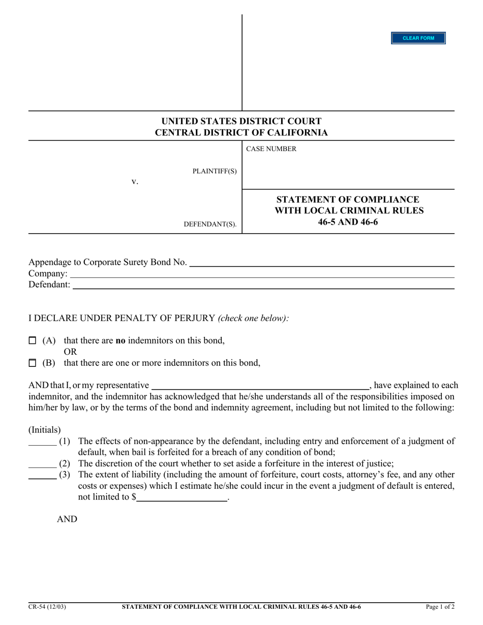 Form CR-54 Statement of Compliance With Local Criminal Rules 46-5 and 46-6 - California, Page 1