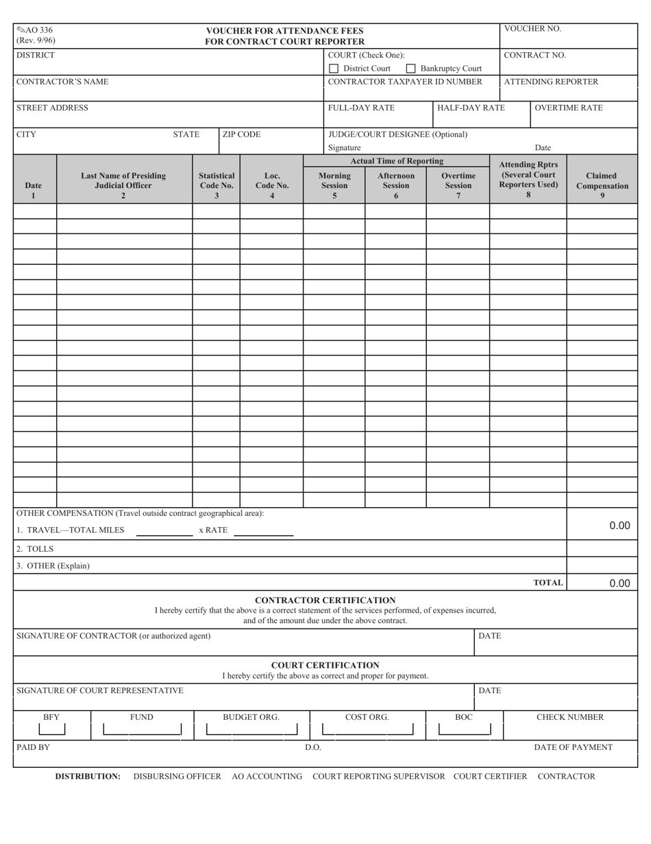 Form AO336 Voucher for Attendance Fees for Contract Court Reporter - California, Page 1