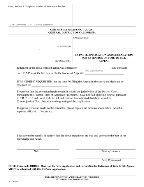 Form A-13 Ex Parte Application and Declaration for Extension of Time to File Appeal - California