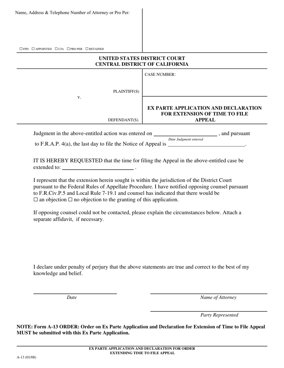 Form A-13 Ex Parte Application and Declaration for Extension of Time to File Appeal - California, Page 1