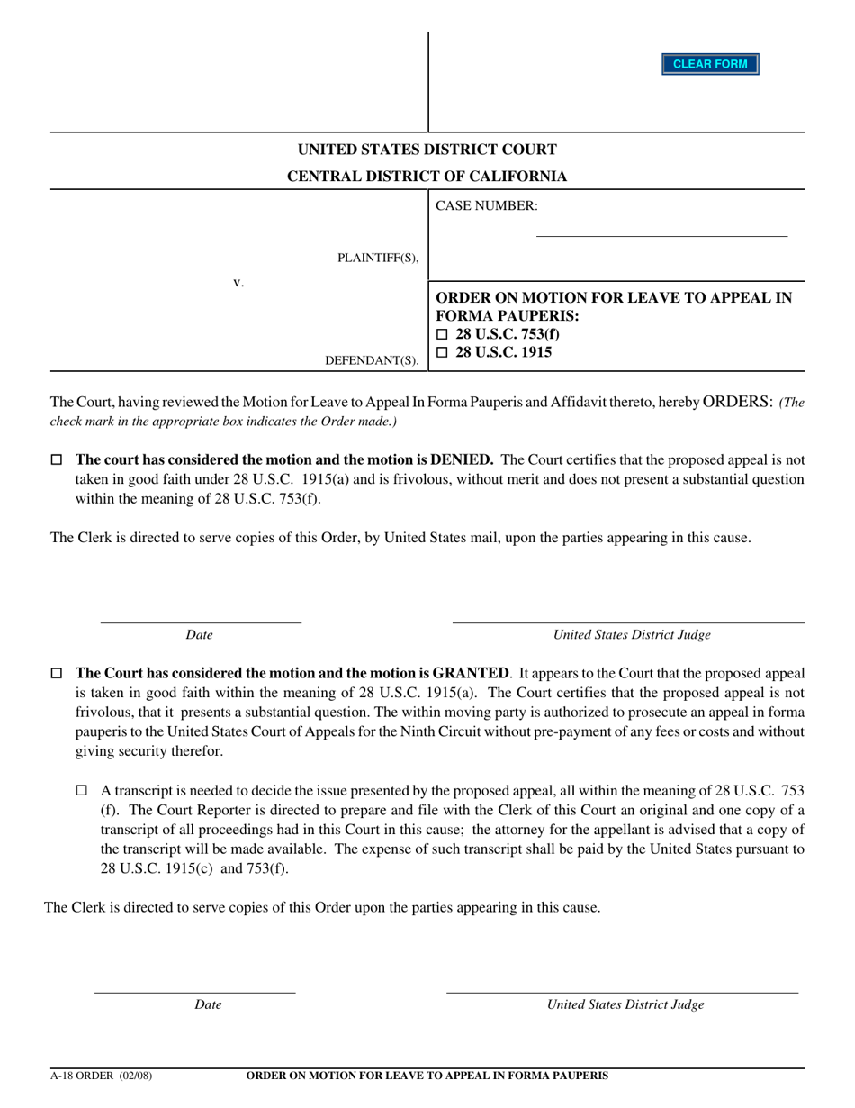 Form A-18 ORDER Motion and Affidavit for Leave to Appeal in Forma Pauperis - California, Page 1