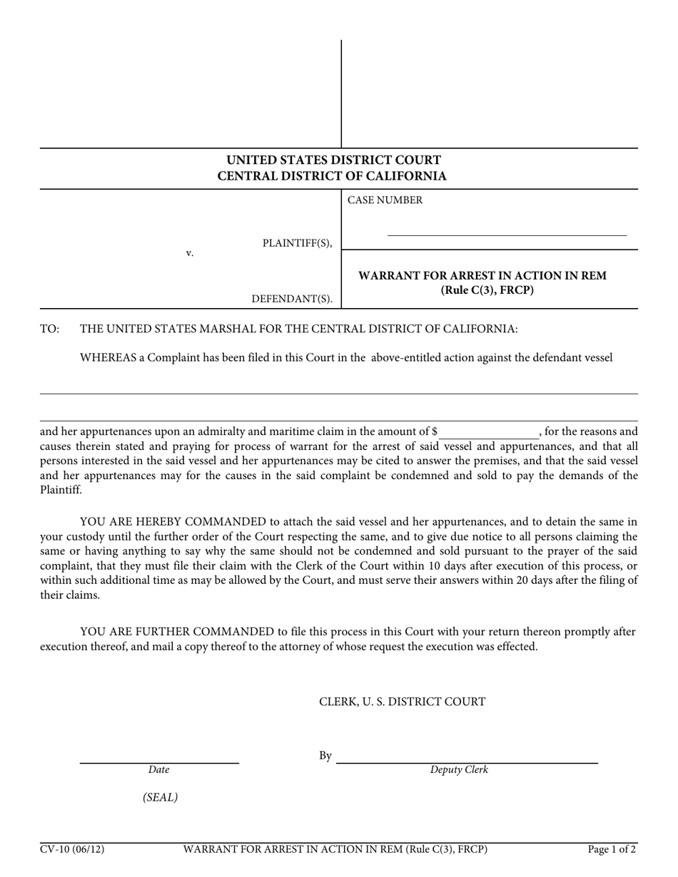 Form CV-10 Warrant for Arrest in Action in Rem - California, Page 1