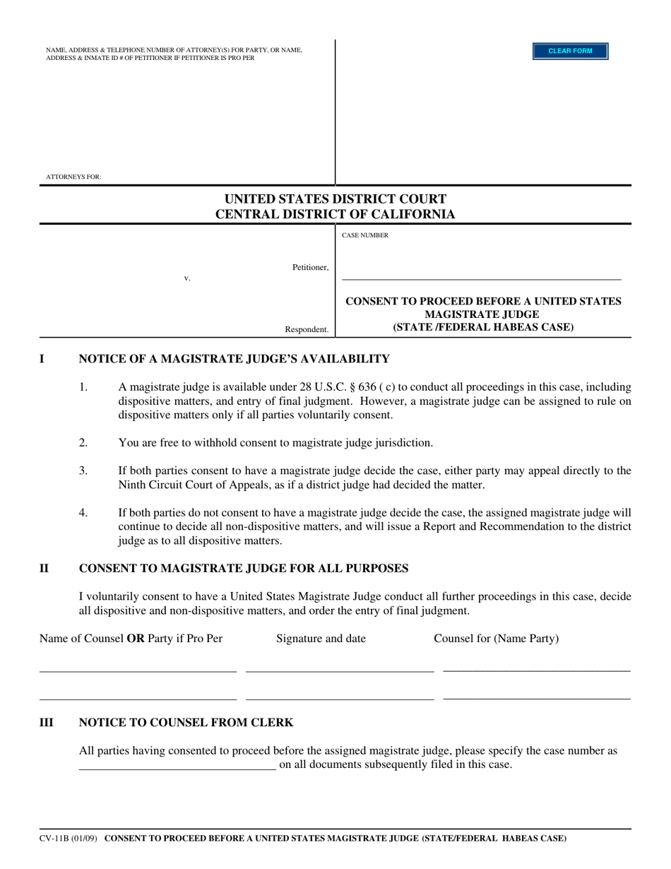 Form CV-11B Consent to Proceed Before a United States Magistrate Judge (State/Federal Habeas Case) - California, Page 1