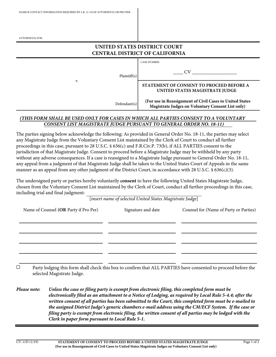 Form CV-11D Statement of Consent to Proceed Before a United States Magistrate Judge (Voluntary Consent List Only) - California, Page 1