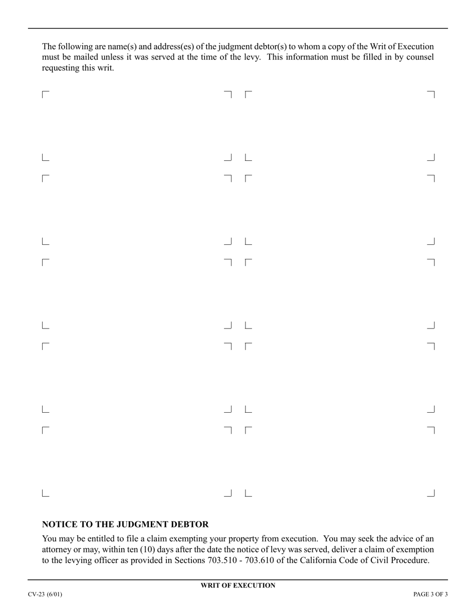 Form CV-23 Writ of Execution - California, Page 3