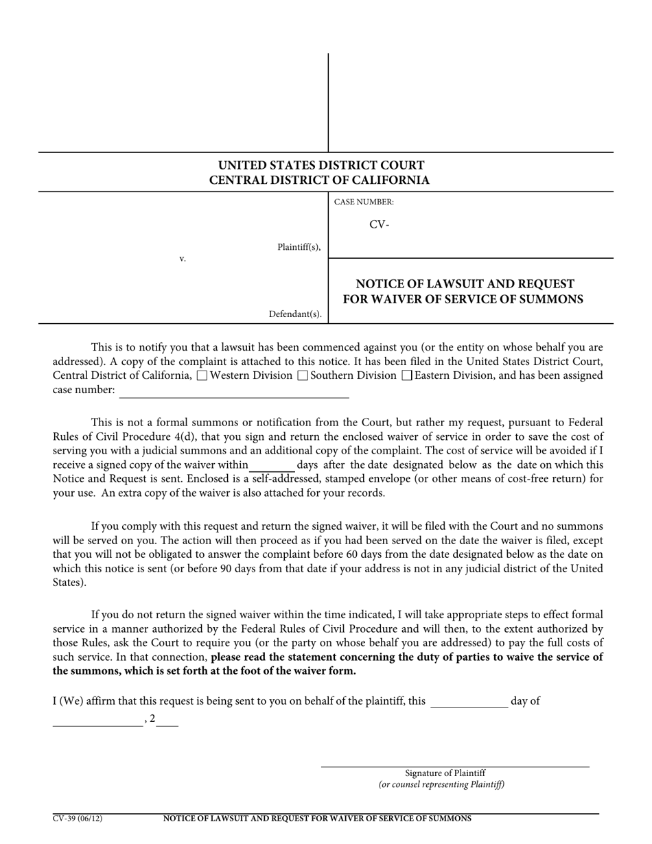 Form CV-39 Notice of Lawsuit and Request for Waiver of Service of Summons - California, Page 1