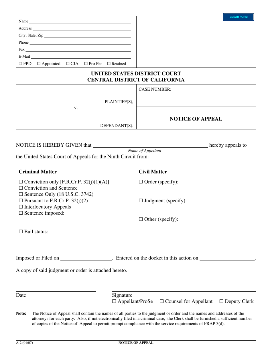 Form A-2 Notice of Appeal - California, Page 1