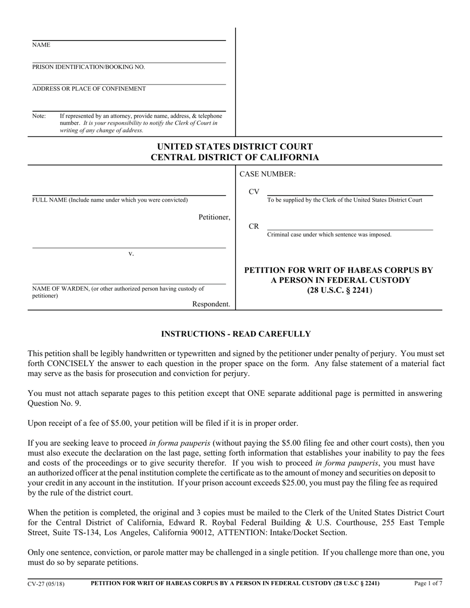 Form CV-27 Petition for Writ of Habeas Corpus by a Person in Federal Custody (28 U.s.c. 2241) - California, Page 1