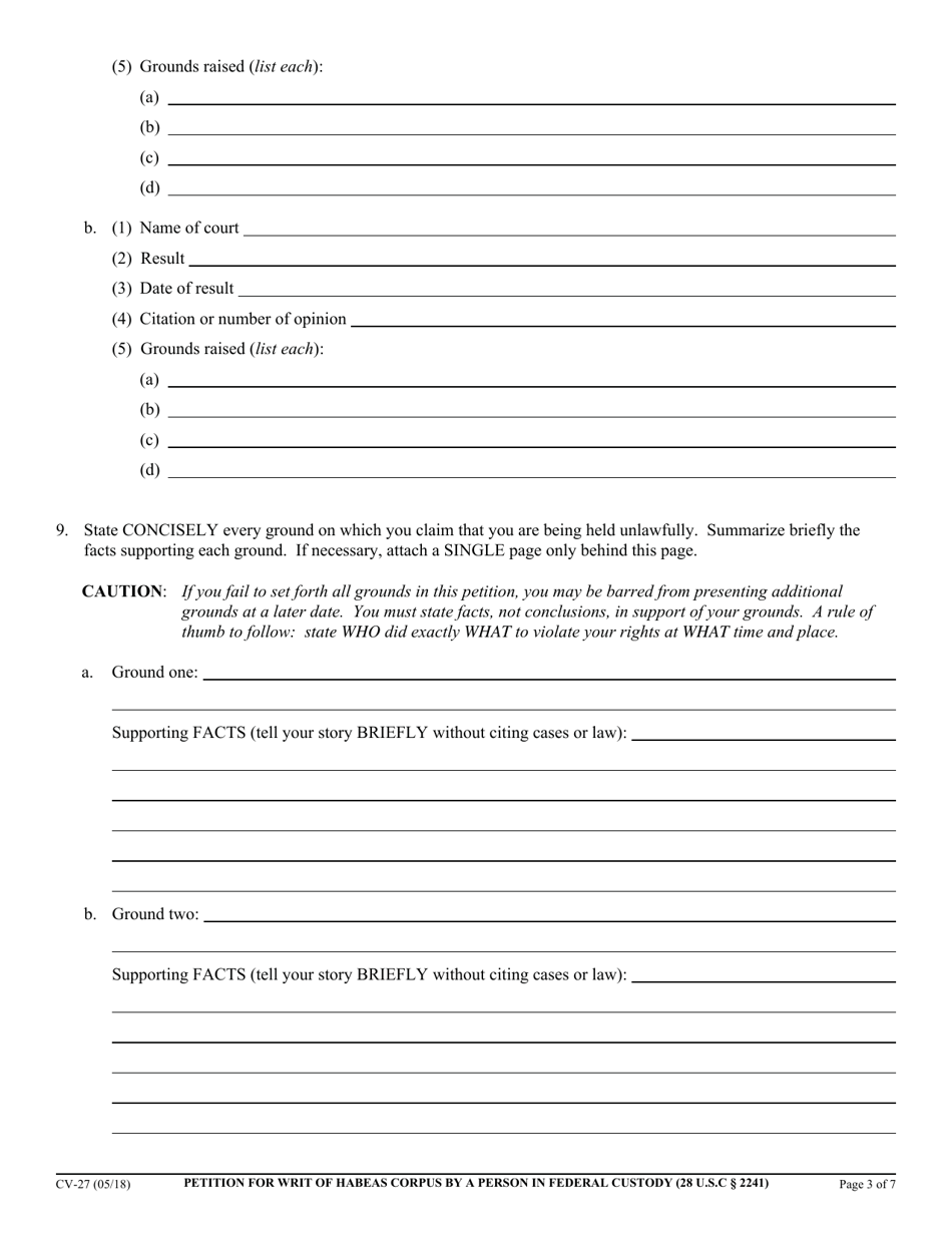 Form CV-27 Petition for Writ of Habeas Corpus by a Person in Federal Custody (28 U.s.c. 2241) - California, Page 3