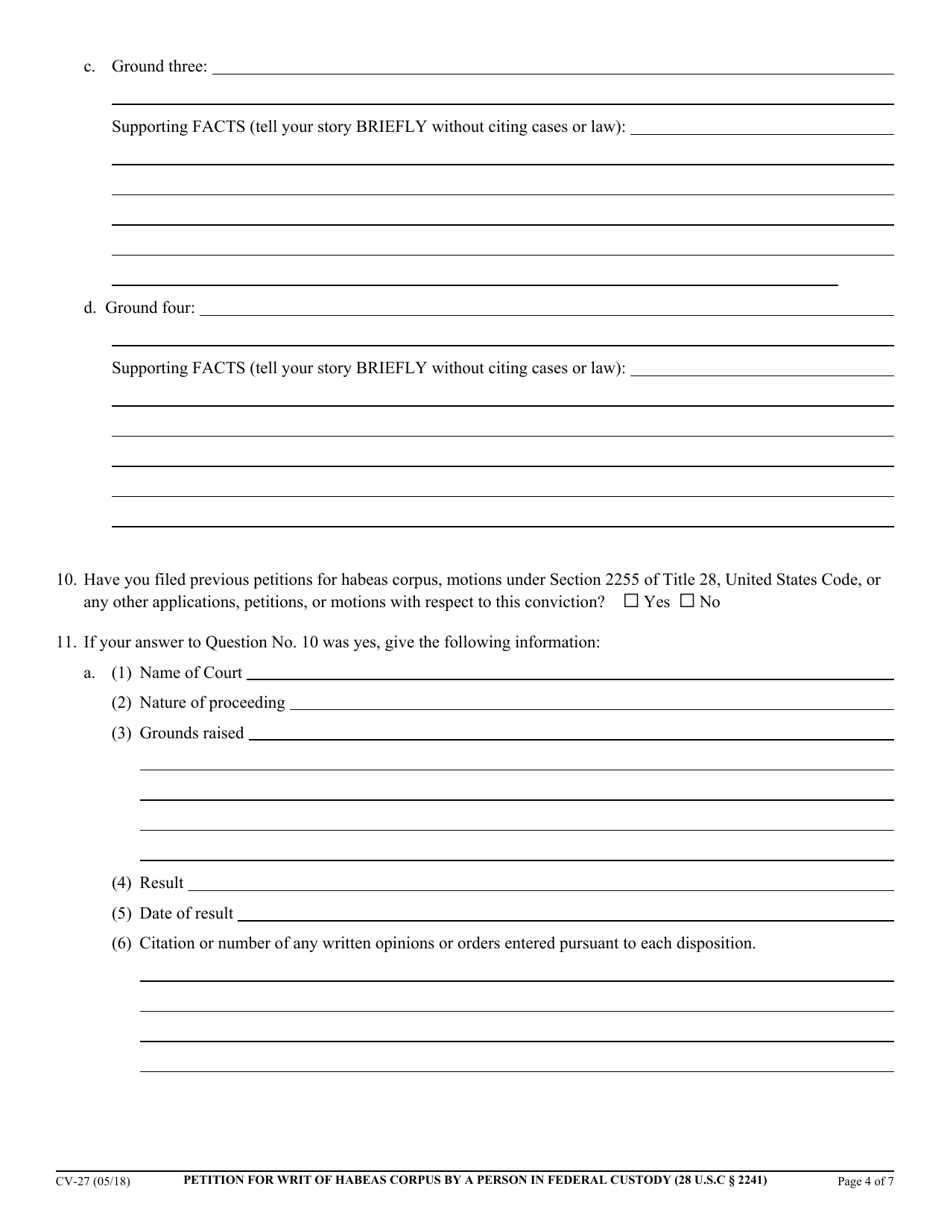 Form CV-27 Petition for Writ of Habeas Corpus by a Person in Federal Custody (28 U.s.c. 2241) - California, Page 4