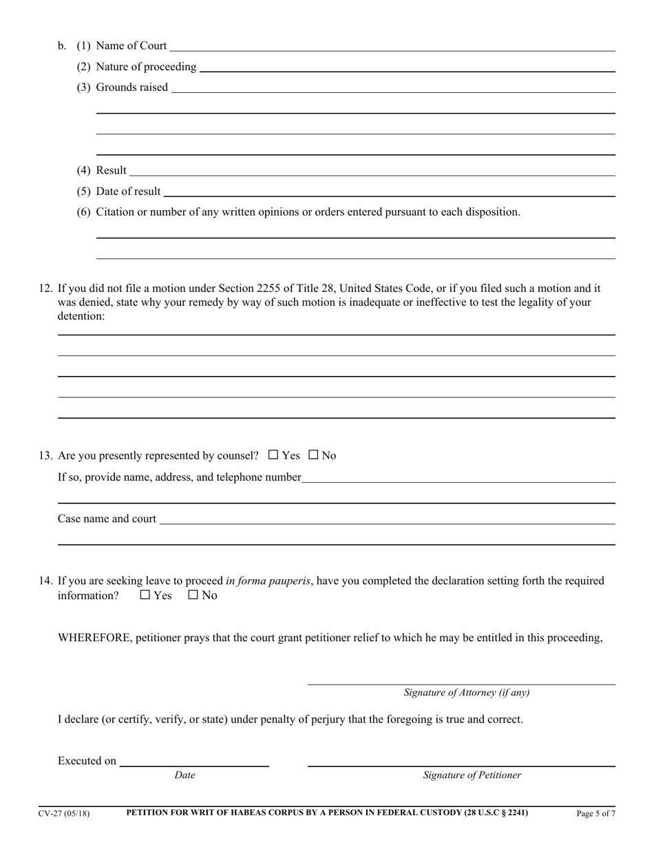 Form CV-27 Petition for Writ of Habeas Corpus by a Person in Federal Custody (28 U.s.c. 2241) - California, Page 5
