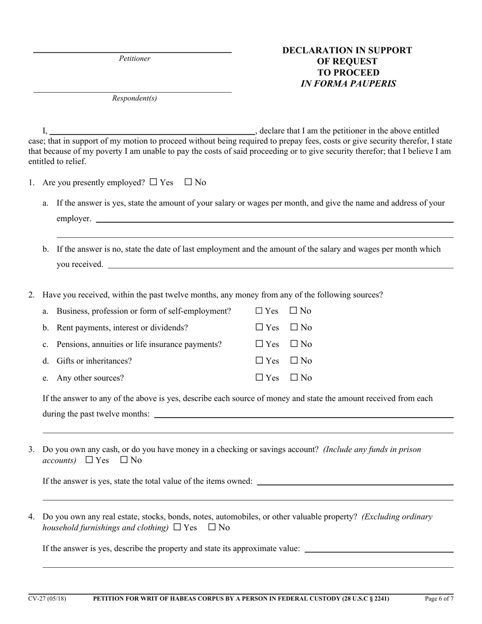 Form CV-27 Petition for Writ of Habeas Corpus by a Person in Federal Custody (28 U.s.c. 2241) - California, Page 6