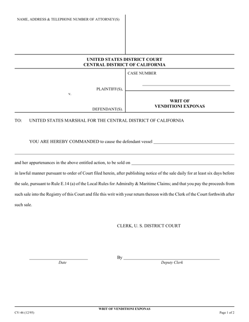Form CV-46 Writ of Venditioni Exponas - California