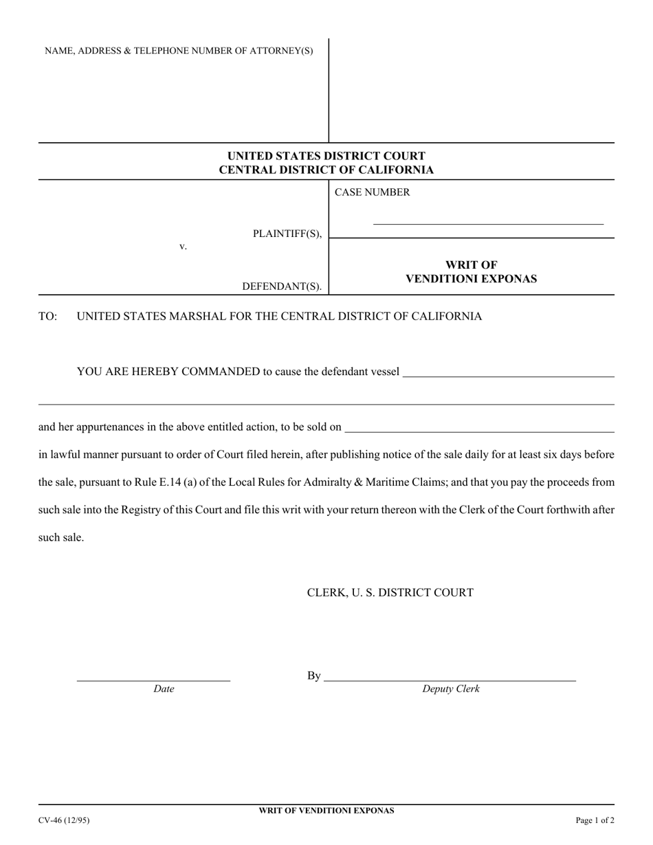 Form CV-46 Writ of Venditioni Exponas - California, Page 1