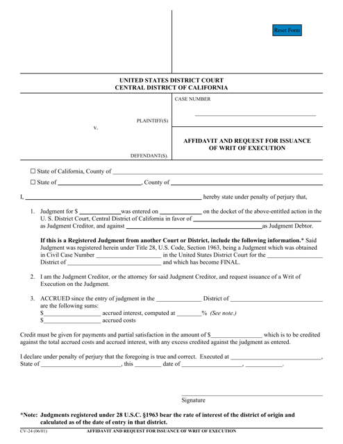 Form CV-24 Affidavit and Request for Issuance of Writ of Execution - California