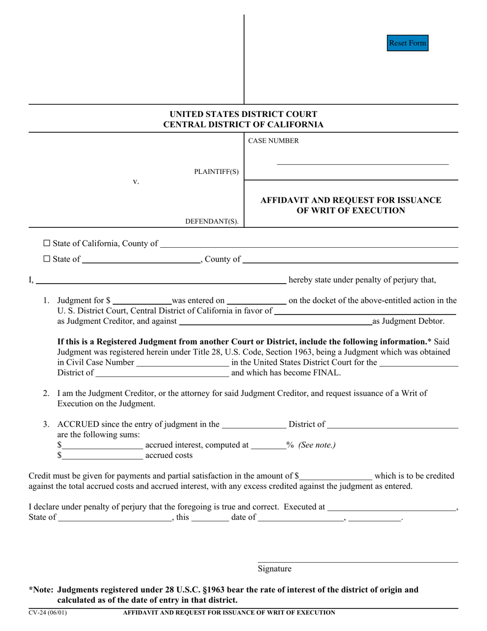 Form CV-24 Affidavit and Request for Issuance of Writ of Execution - California, Page 1