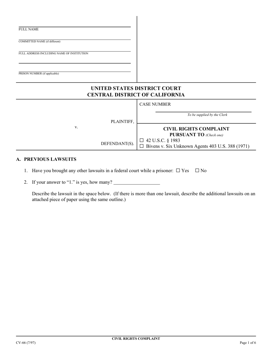 Form CV-66 Civil Rights Complaint - California, Page 1