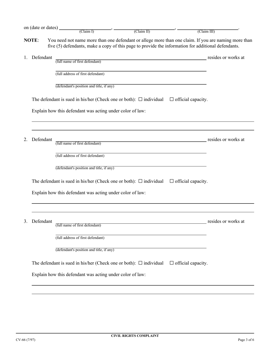 Form CV-66 Civil Rights Complaint - California, Page 3