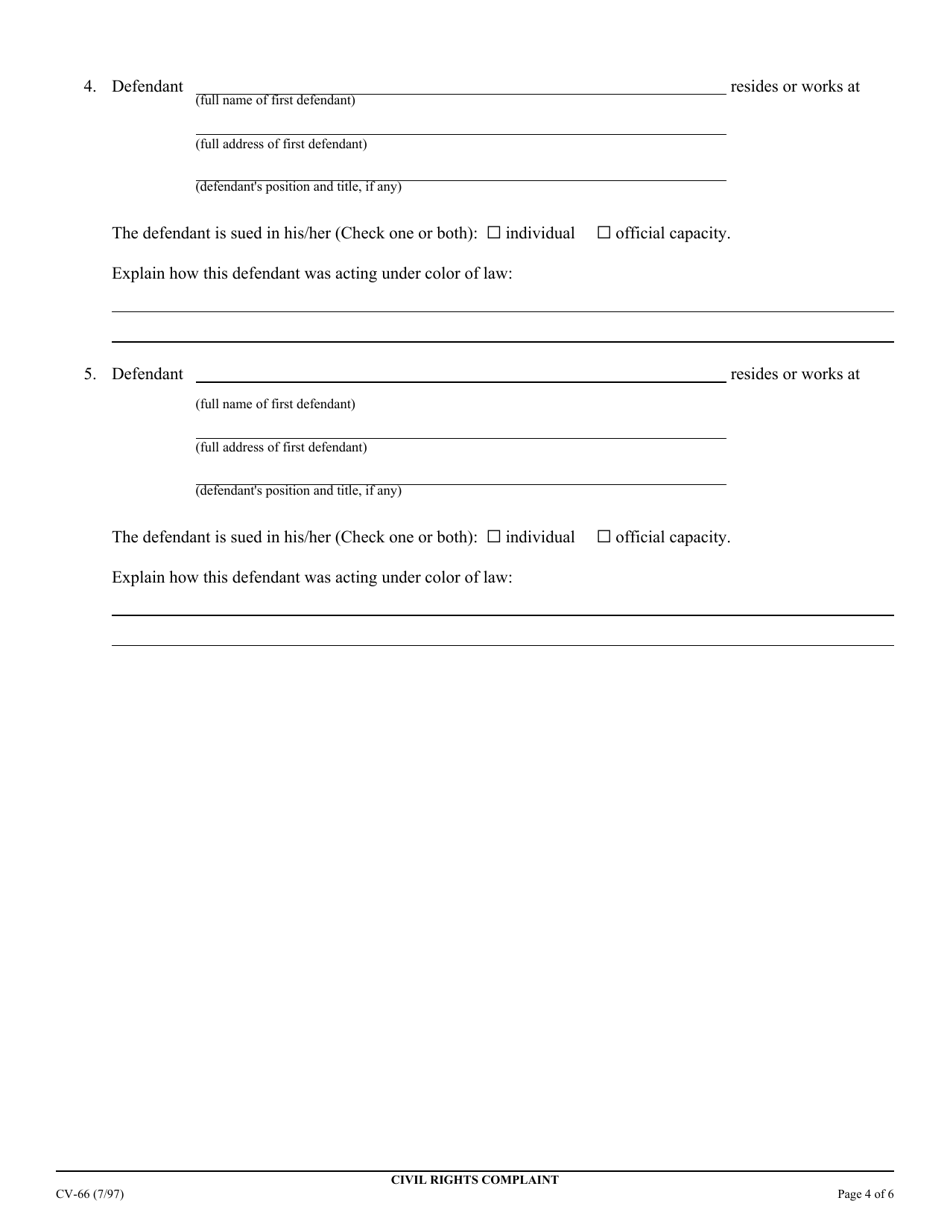 Form CV-66 Civil Rights Complaint - California, Page 4