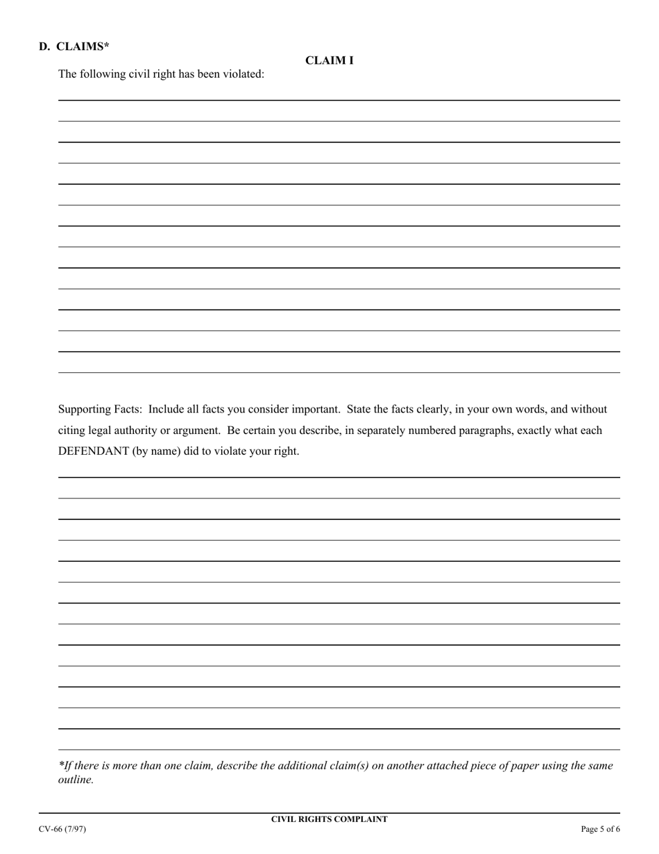 Form CV-66 Civil Rights Complaint - California, Page 5
