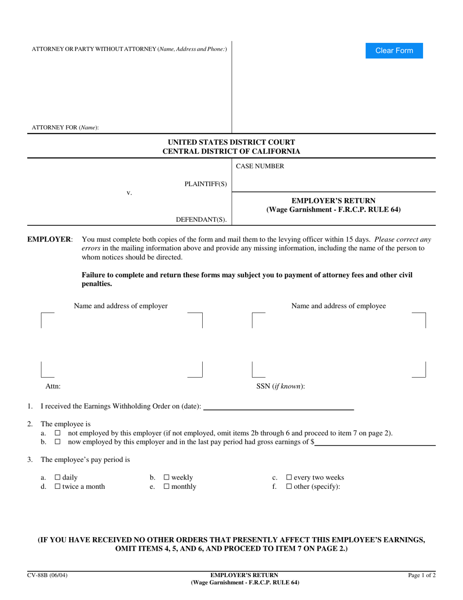 Form CV-88B Employers Return (Wage Garnishment - F.r.c.p. Rule 64) - California, Page 1