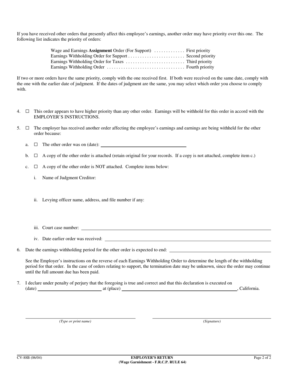 Form CV-88B Employers Return (Wage Garnishment - F.r.c.p. Rule 64) - California, Page 2
