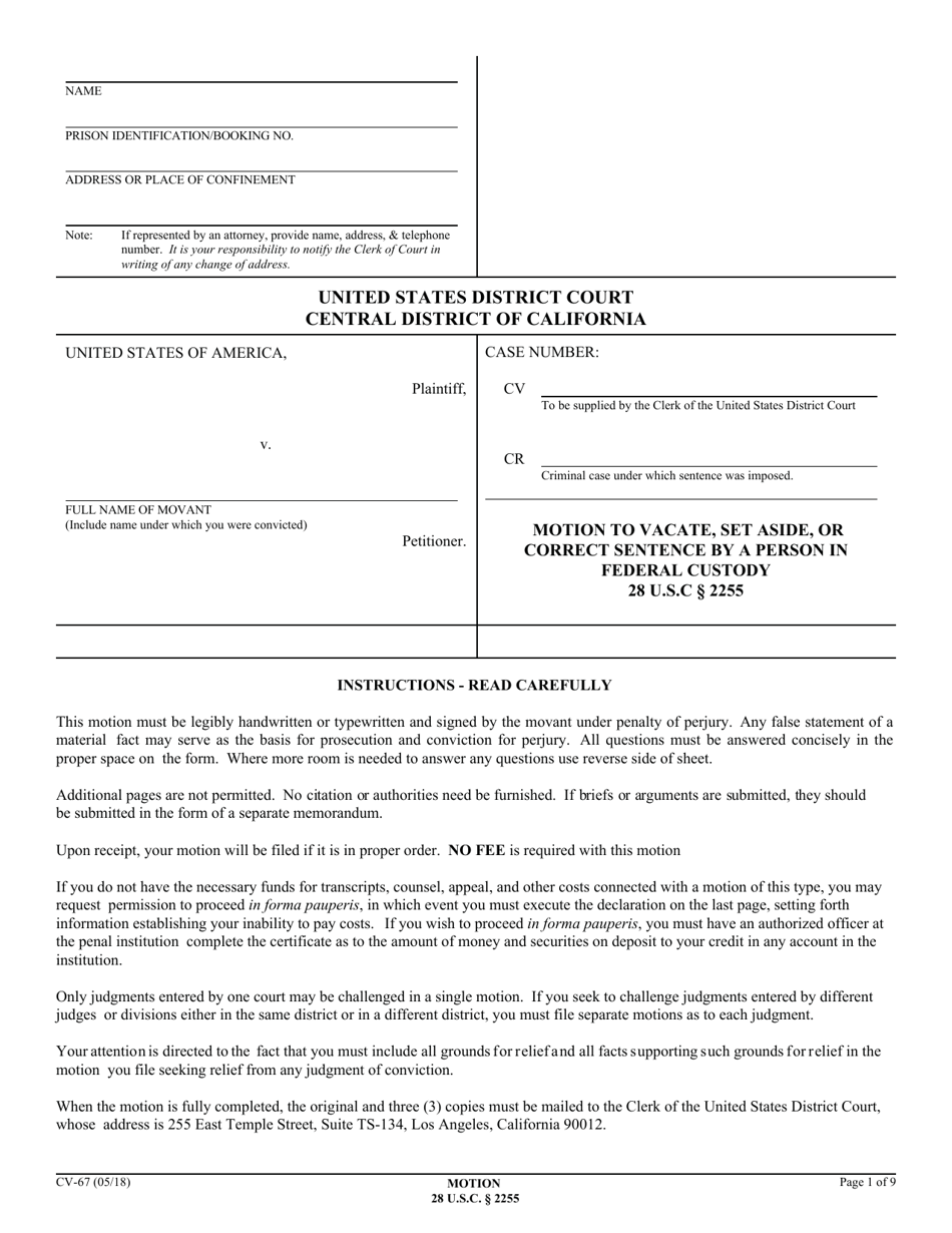 Form CV-67 Motion to Vacate, Set Aside, or Correct Sentence by a Person in Federal Custody - California, Page 1