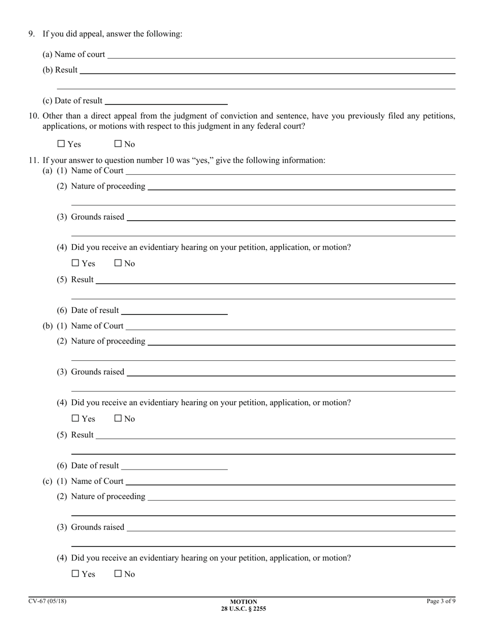 Form CV-67 Motion to Vacate, Set Aside, or Correct Sentence by a Person in Federal Custody - California, Page 3