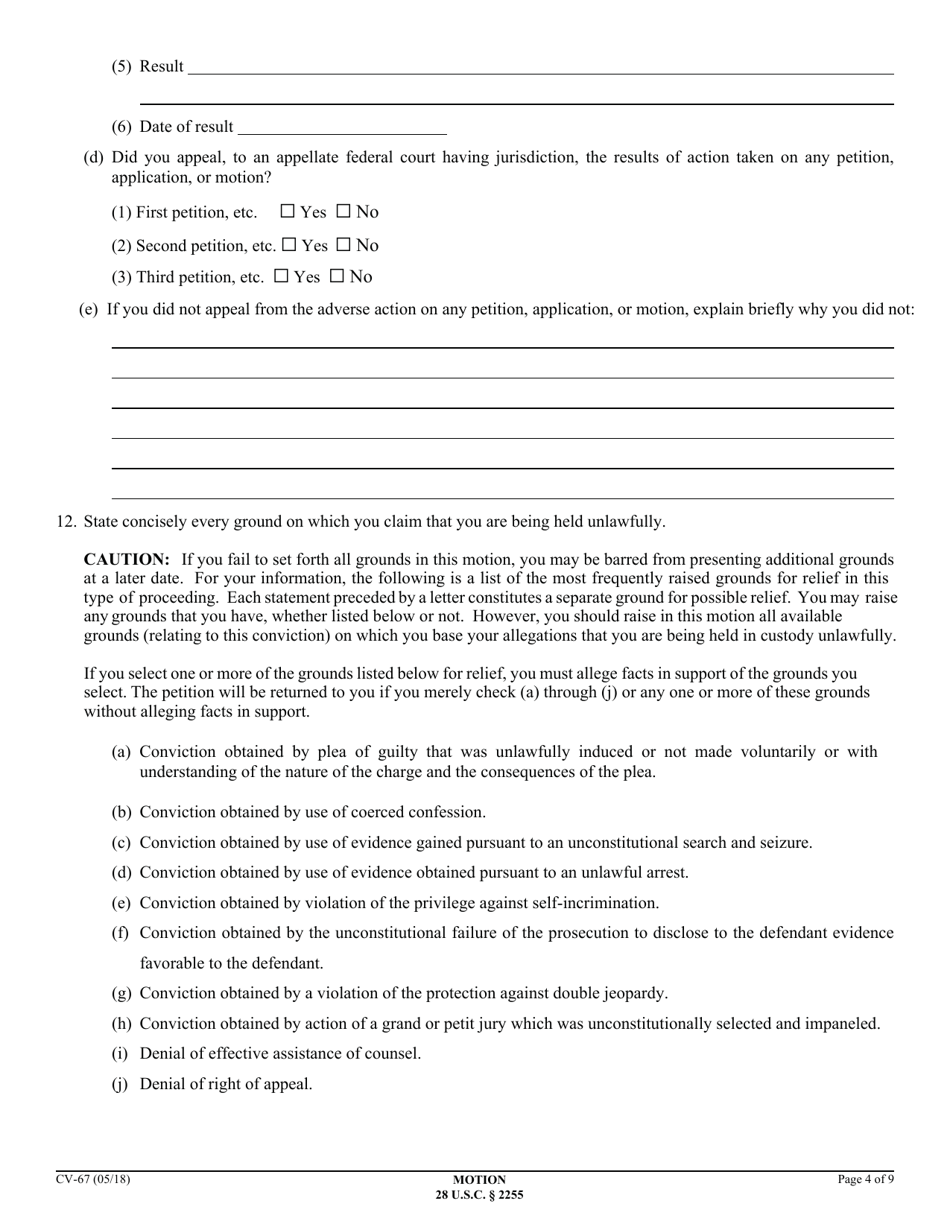 Form CV-67 Motion to Vacate, Set Aside, or Correct Sentence by a Person in Federal Custody - California, Page 4