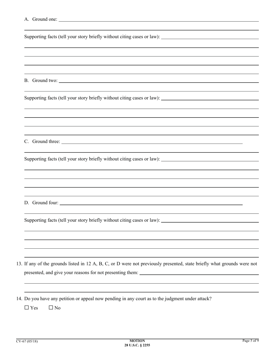 Form CV-67 Motion to Vacate, Set Aside, or Correct Sentence by a Person in Federal Custody - California, Page 5