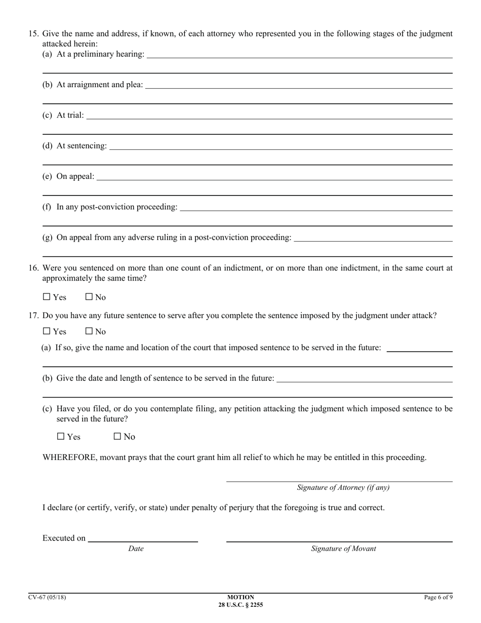 Form CV-67 Motion to Vacate, Set Aside, or Correct Sentence by a Person in Federal Custody - California, Page 6