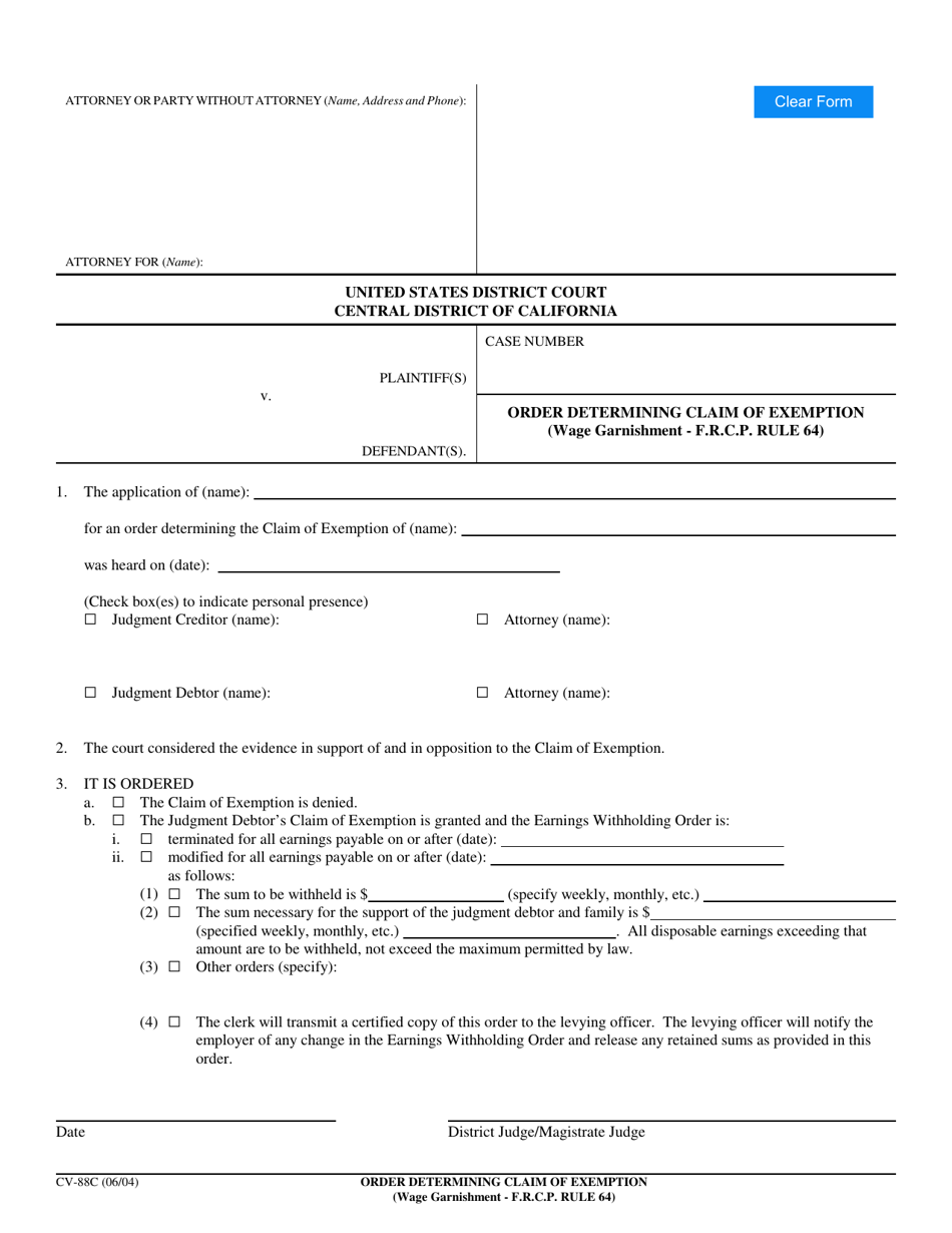 Form CV-88C Order Determining Claim of Exemption (Wage Garnishment - F.r.c.p. Rule 64) - California, Page 1