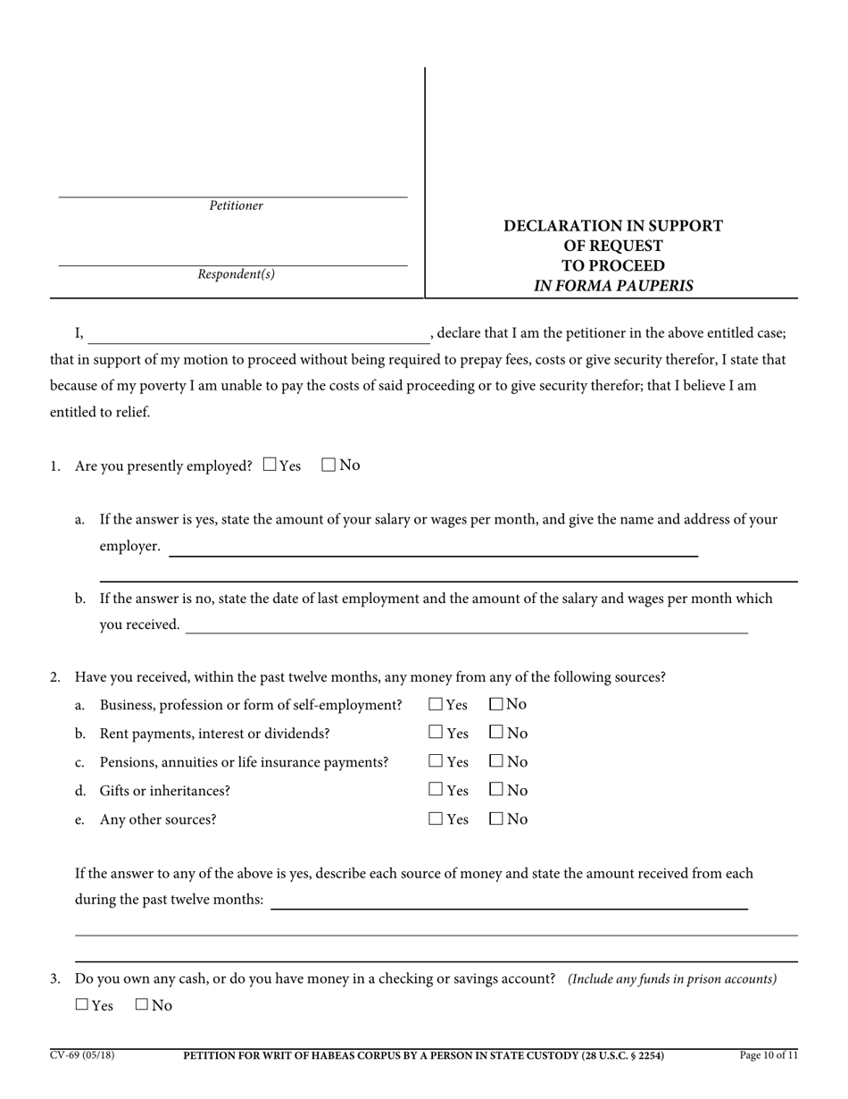Form CV-69 Petition for Writ of Habeas Corpus by a Person in State Custody - California, Page 10