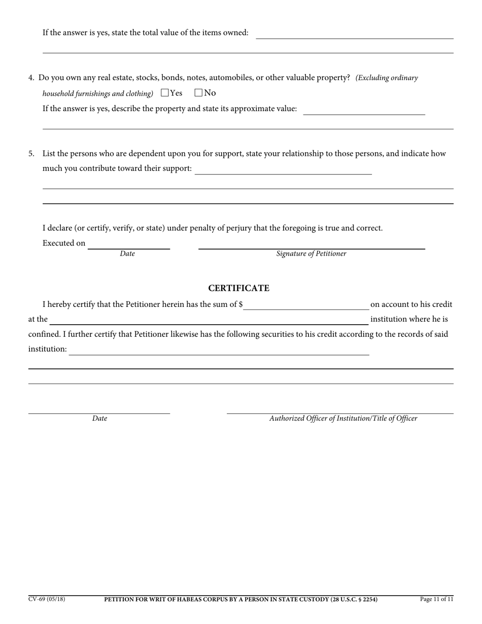 Form CV-69 Petition for Writ of Habeas Corpus by a Person in State Custody - California, Page 11