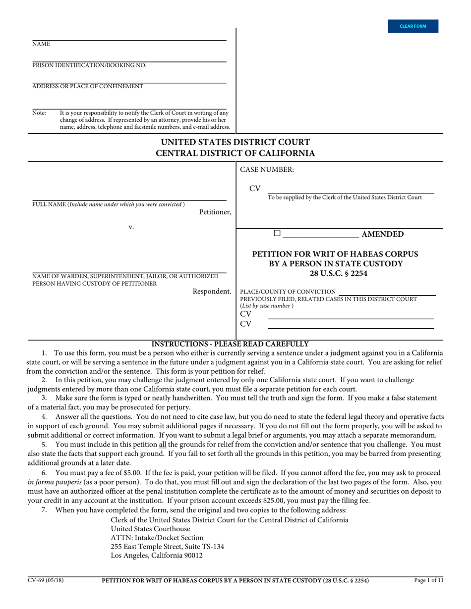 Form CV-69 Petition for Writ of Habeas Corpus by a Person in State Custody - California, Page 1