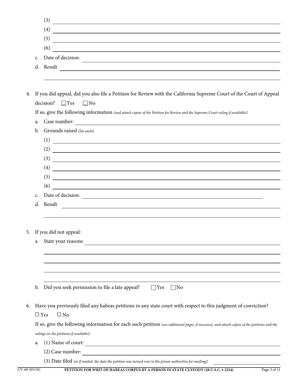 Form CV-69 Petition for Writ of Habeas Corpus by a Person in State Custody - California, Page 3