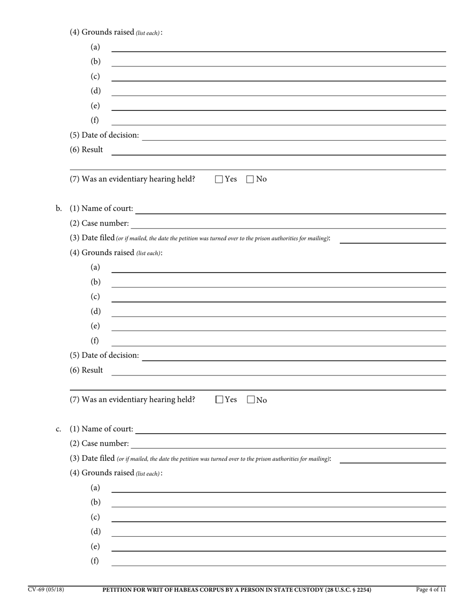 Form CV-69 Petition for Writ of Habeas Corpus by a Person in State Custody - California, Page 4