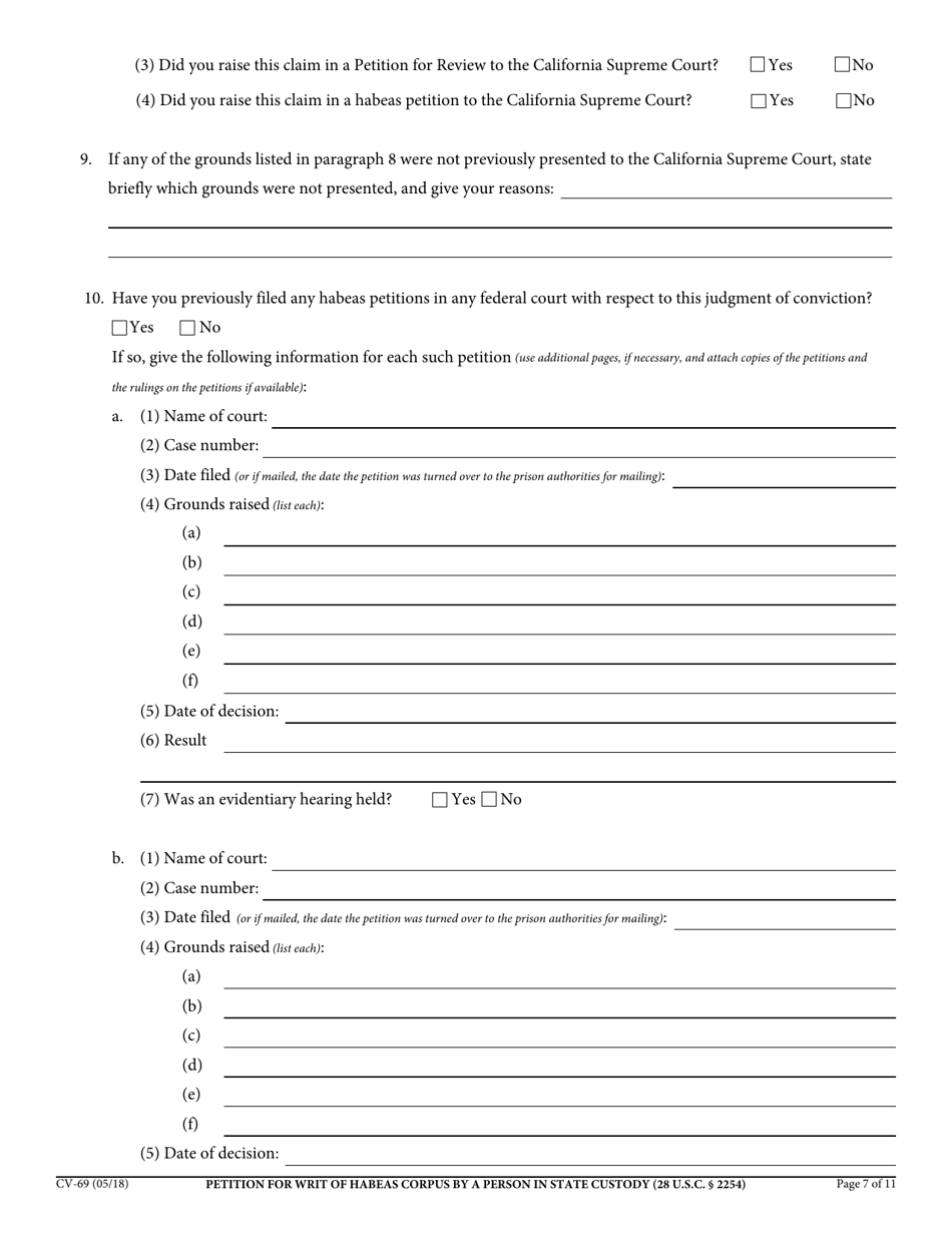 Form CV-69 Petition for Writ of Habeas Corpus by a Person in State Custody - California, Page 7