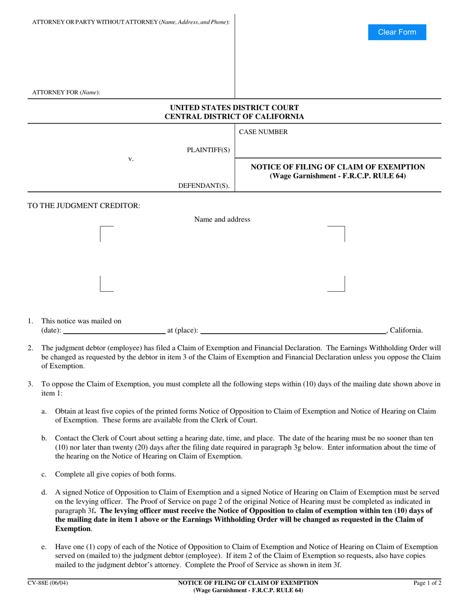 Form CV-88E Notice of Filing of Claim of Exemption (Wage Garnishment - F.r.c.p. Rule 64) - California, Page 1